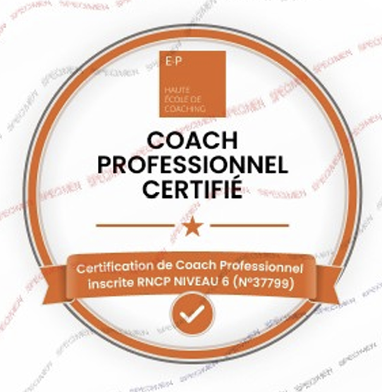 Certificat de coach professionnel certifié, avec un logo de l'école de coaching et une mention de certification RNCP niveau 6.
