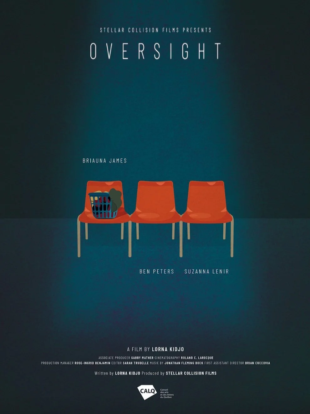 Movie poster for "Oversight" featuring three orange chairs, one with a laundry basket. Names include Briauna James, Ben Peters, and Suzanna Lenir. Credits Lorna Kidjo as writer and Stellar Collision Films as producer.