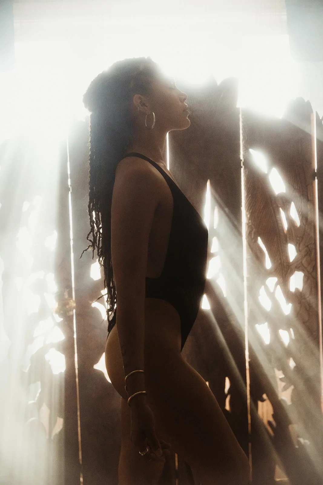 Silhouetted woman with long braided hair and earrings standing in front of decorative wooden panels with sunlight streaming through.