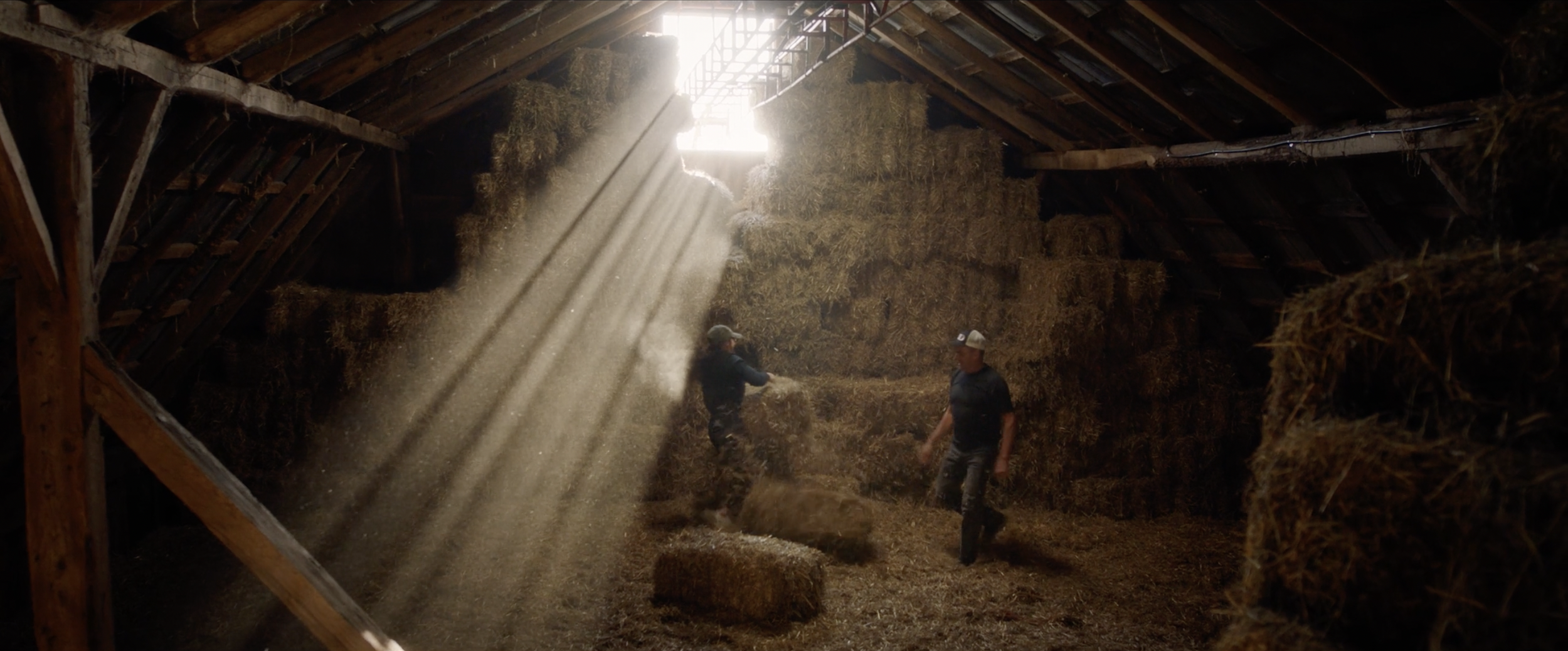 Two people in a barn with hay bales and sunlight streaming through the roof.