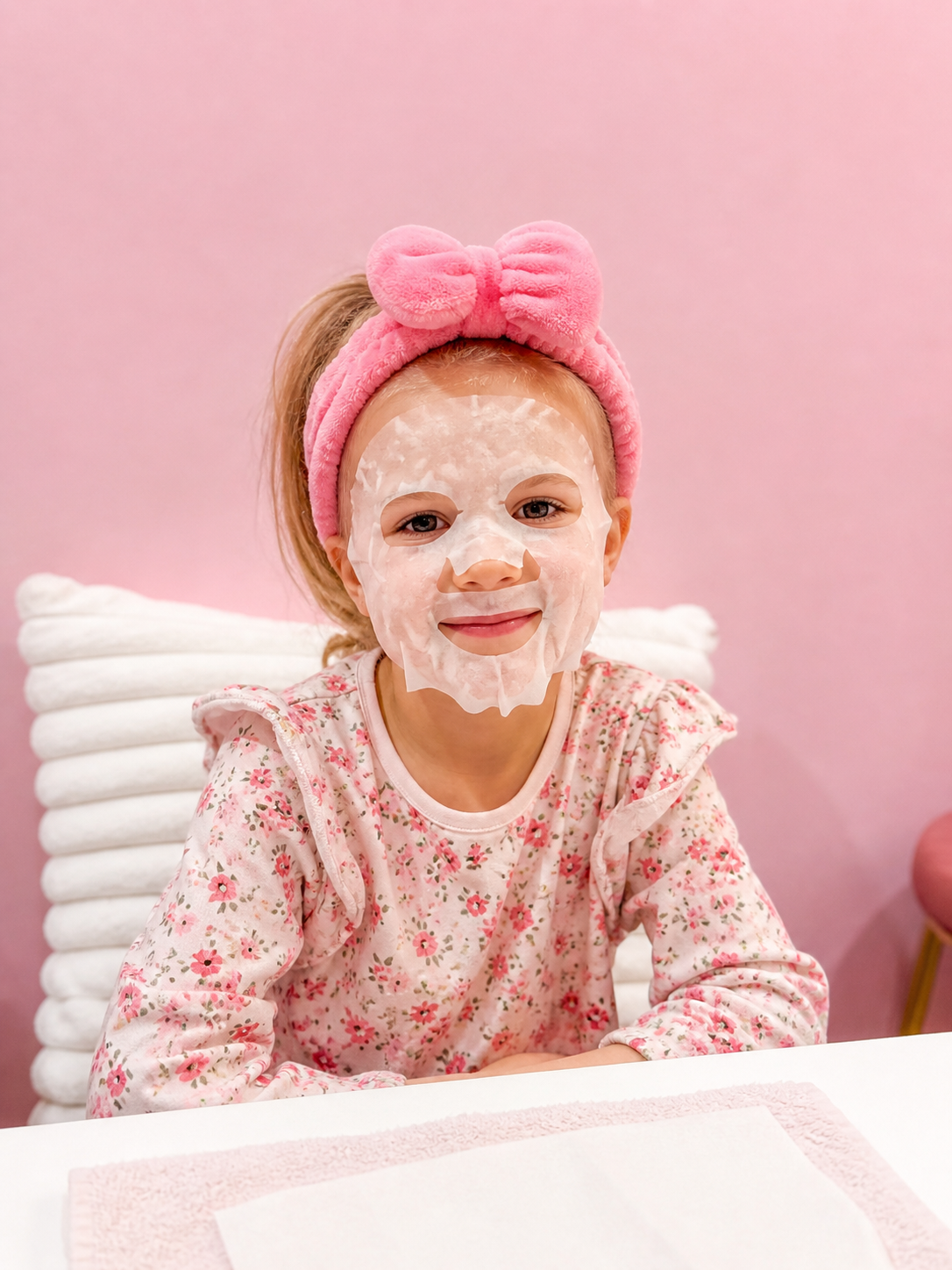 A young girl with a pink headband, smiling with a facial mask, sitting at a table with a pink background.