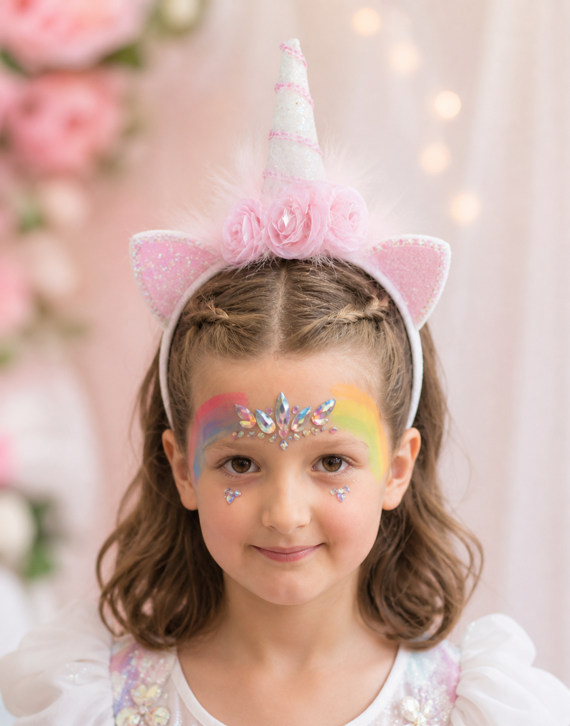 A young girl with rainbow face paint, rhinestone decorations, and a unicorn-themed headband with pink flowers and a horn.