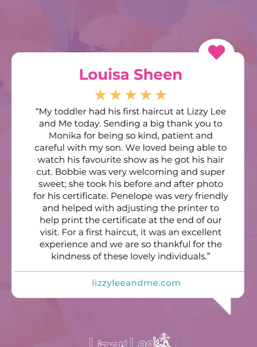 A thank you note from Louisa Sheen expressing appreciation for Monika, Penelope, and Bobbie at Lizzy Lee and Me, with a purple and pink floral background and a pink heart icon.