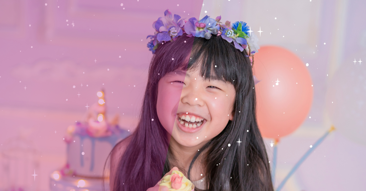 A young girl wearing a flower crown, smiling and holding a cake in a decorated room with balloons, a pastel-colored cake in the background, and sparkles overlayed.
