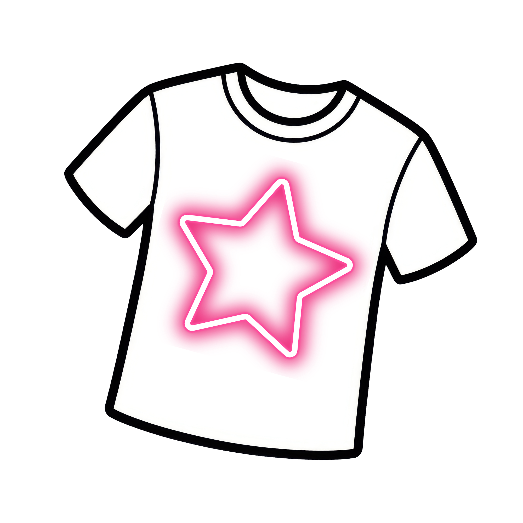 Close-up of a neon sign with a white T-shirt graphic and a pink star outline.