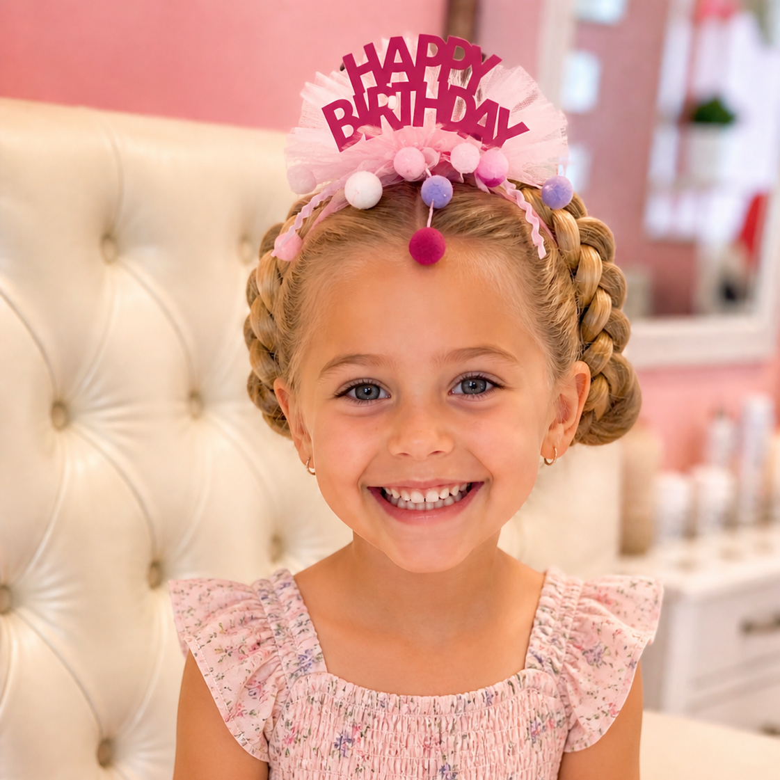 Young girl smiling with a 'Happy Birthday' headband, sitting on a cream-colored tufted chair, in a pink-themed room.