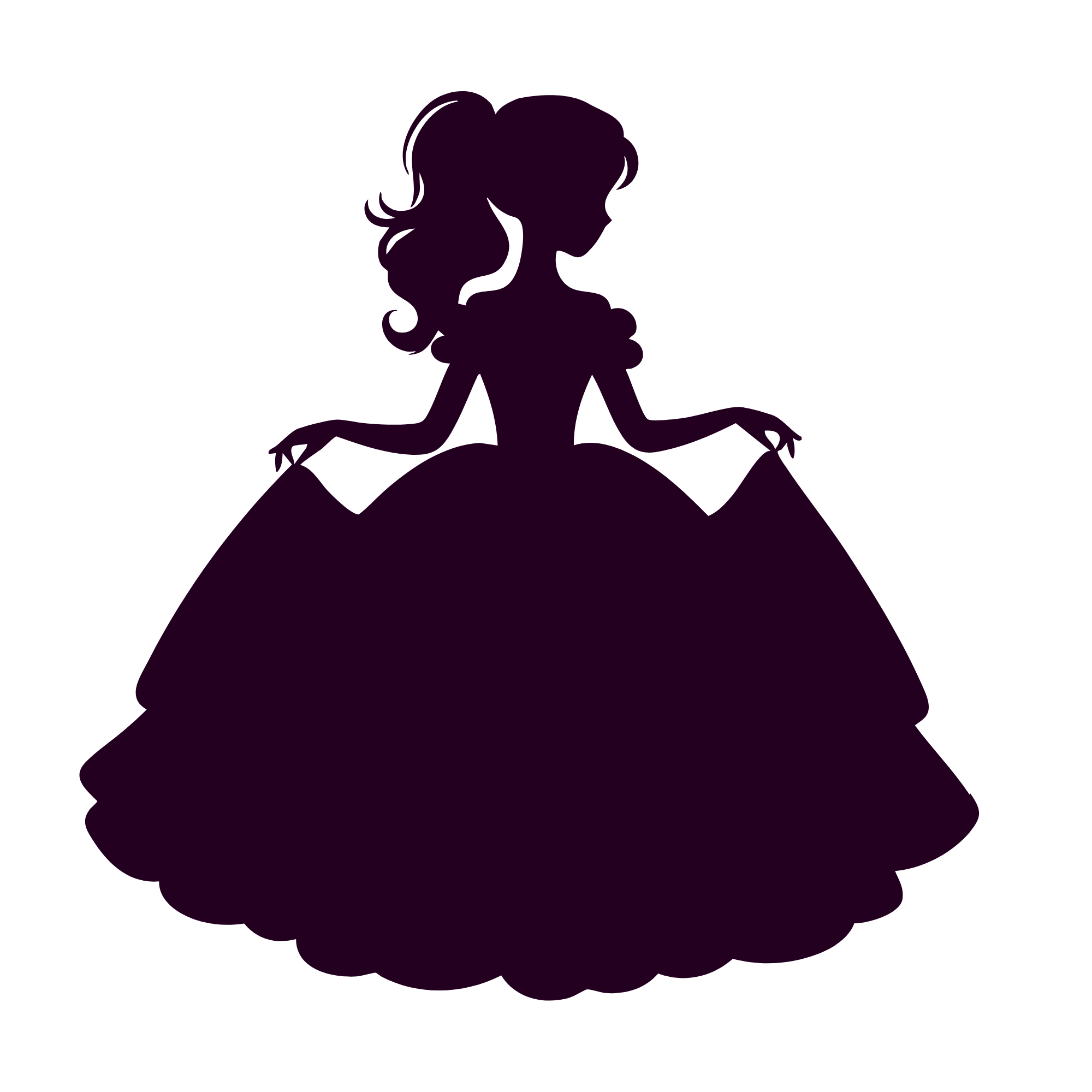 Silhouette of a woman in a flowing dress with curly hair, standing with arms outstretched, against a dark background.