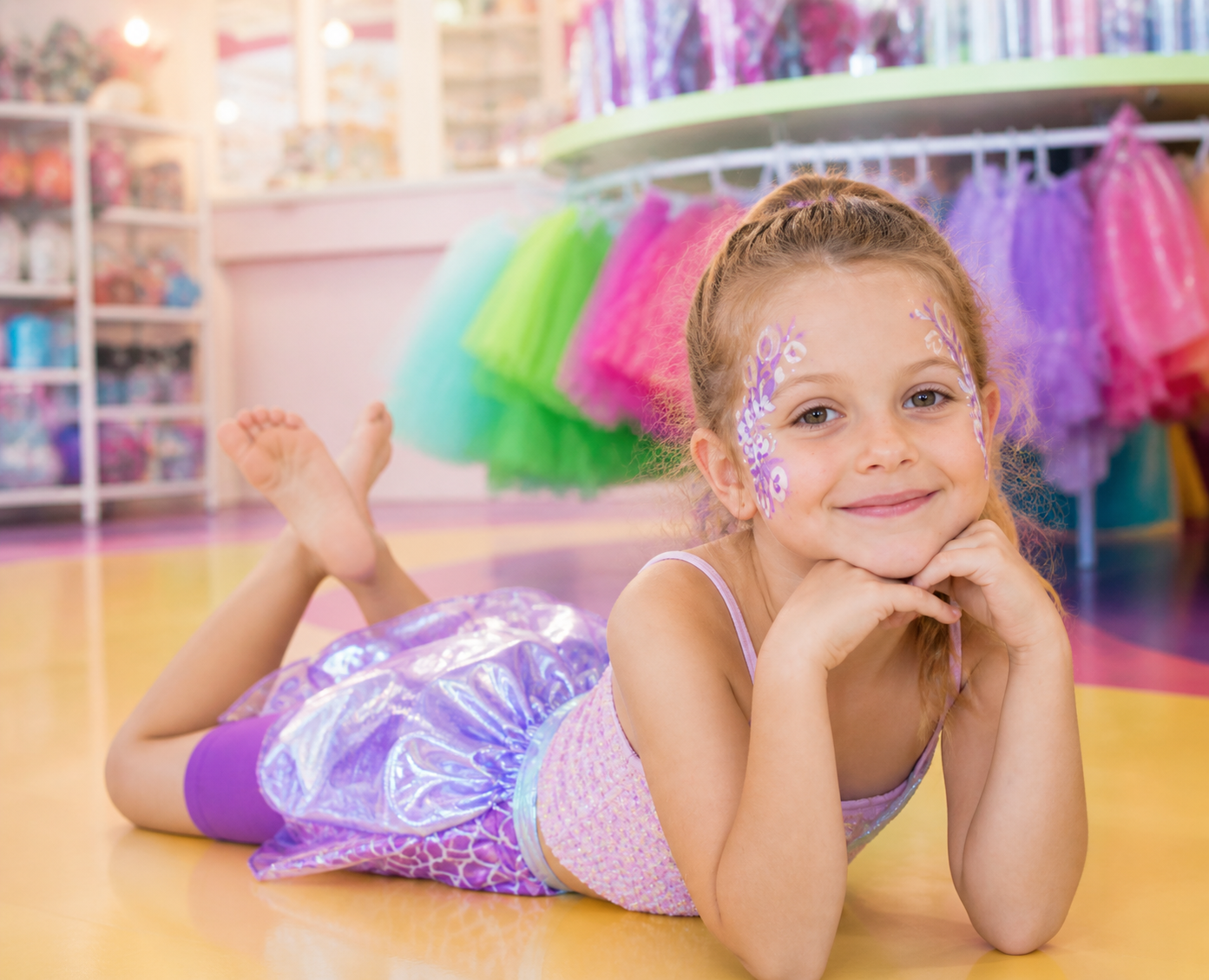 A young girl dressed as a fairy, lying on a colorful floor in a costume shop with multicolored tutus hanging in the background.