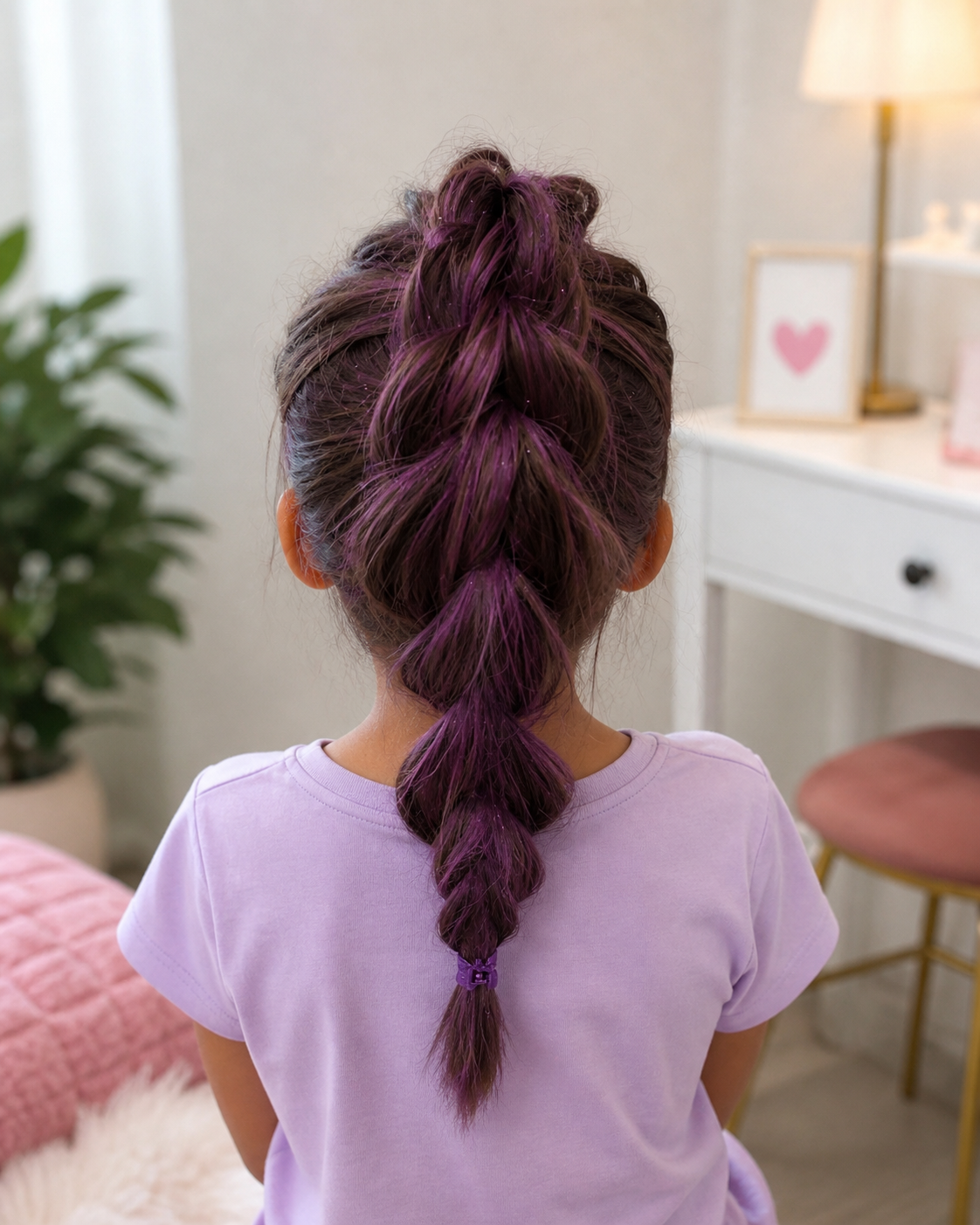 A girl with brown hair styled in a braid with purple highlights, viewed from behind, wearing a lavender t-shirt, in a cozy room with a white dresser, pink chair, lamp, and decorative framed heart art.