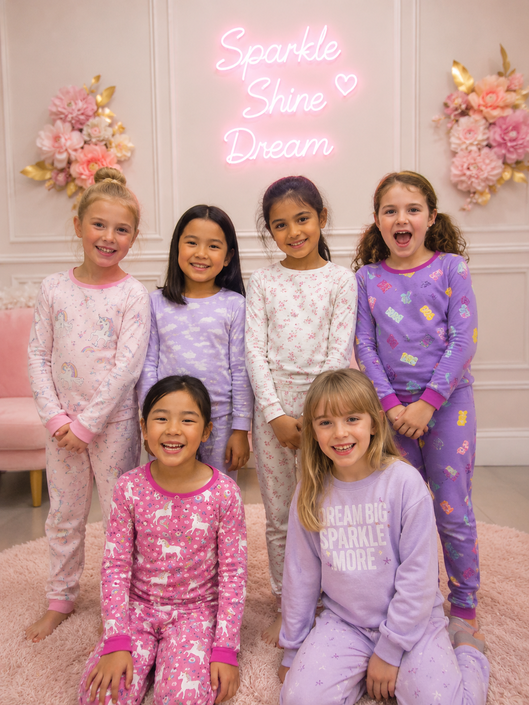 Seven girls in colorful pajamas smiling and posing for a photo in a room with pink and floral decor, pink neon sign reading 'Sparkle Shine Dream' with hearts, pink rug, and flowers.
