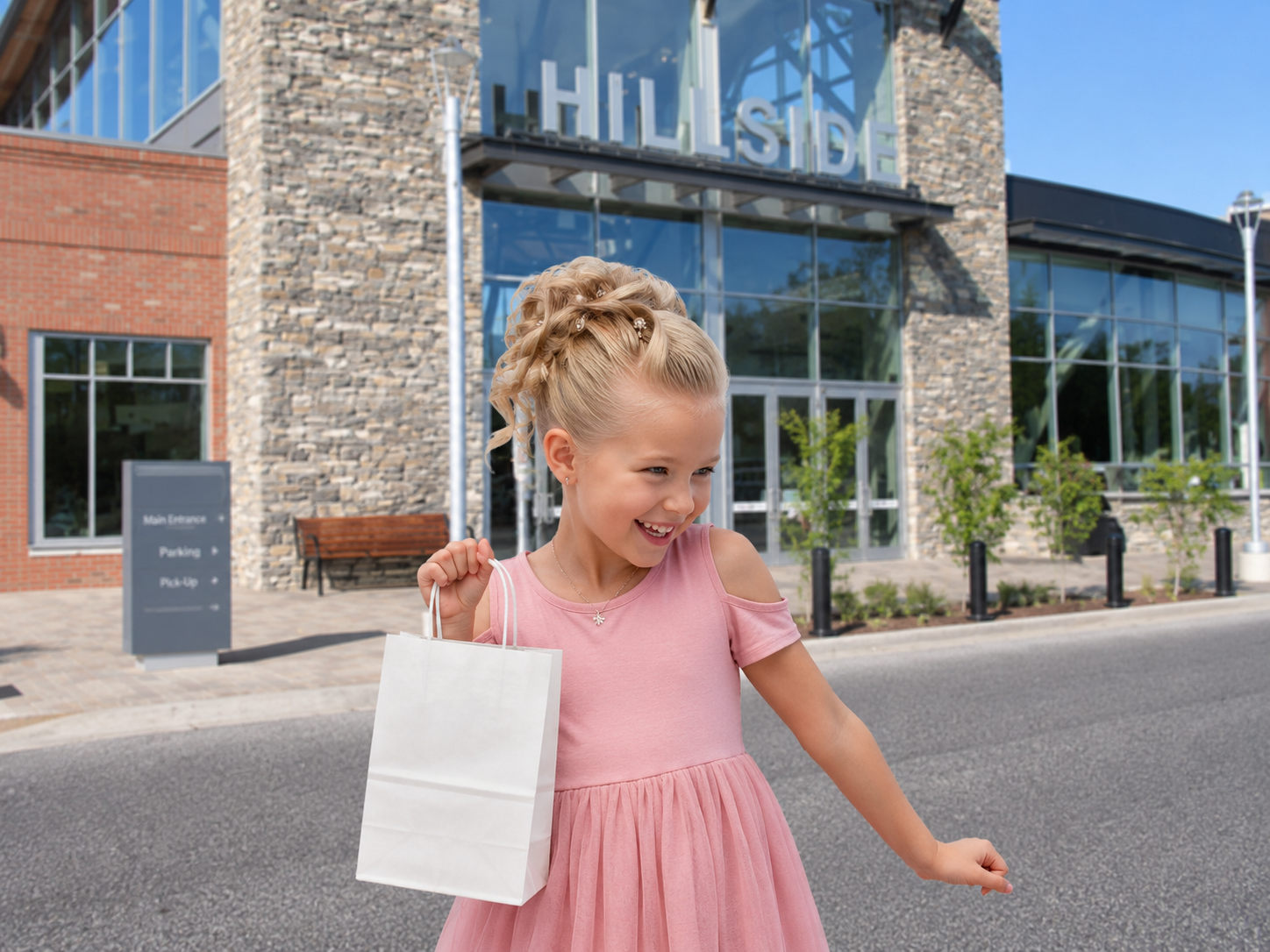 A young girl in a pink dress holding a white shopping bag outside a modern building with large glass windows and stone accents.