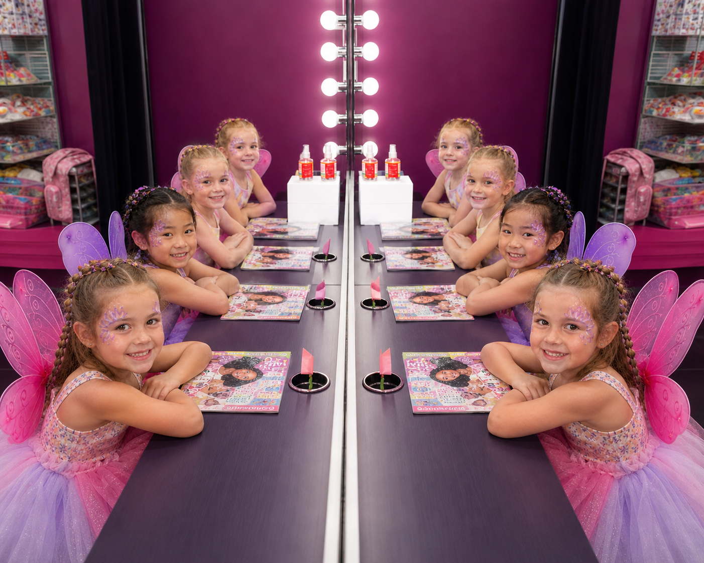 Six young girls dressed as fairies with pink and purple fairy wings and face paint, sitting at a party table in a colorful room with fairy-themed decorations, magazines, and pink centerpieces.