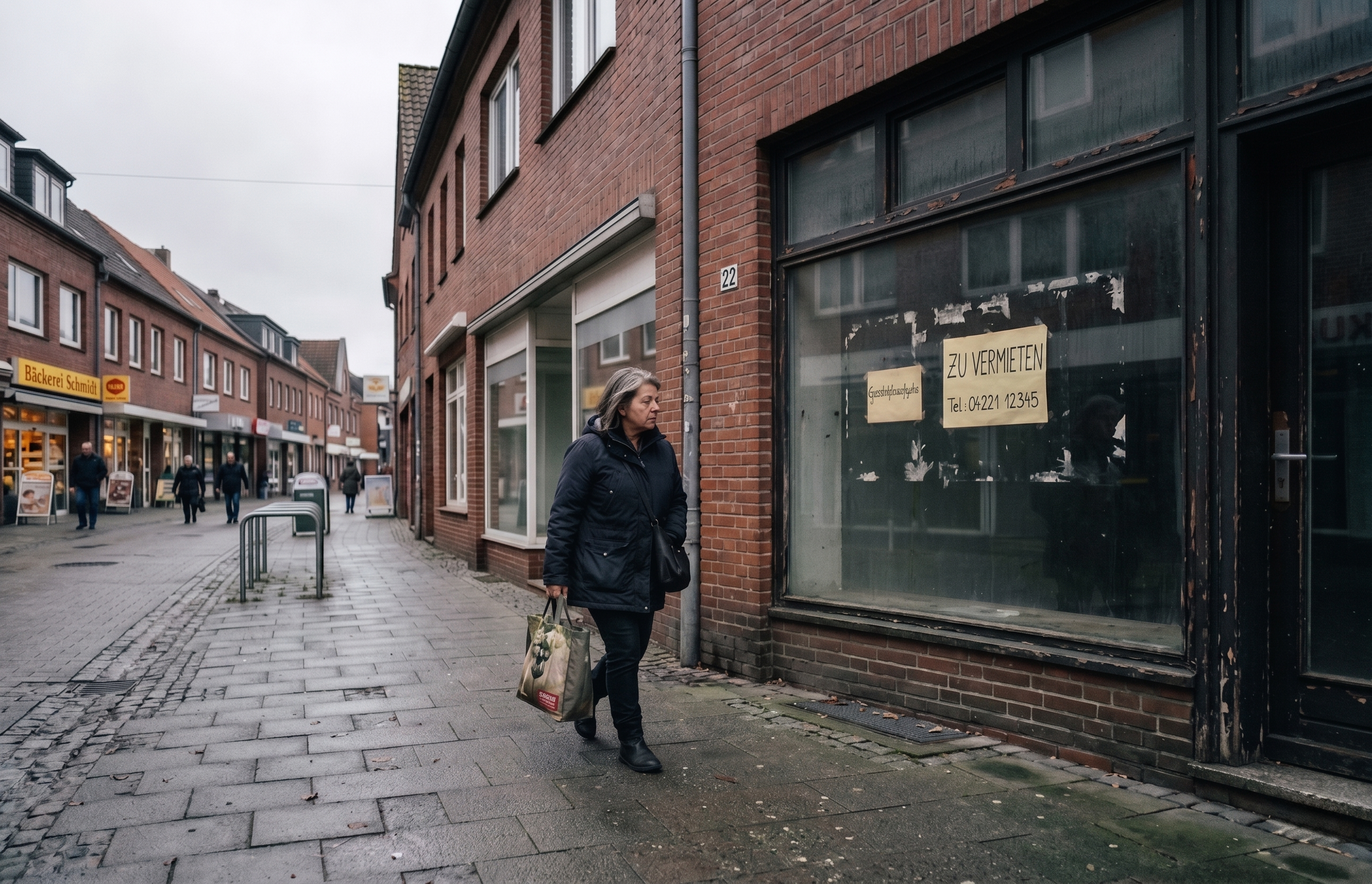 Eine Frau in dunkler Jacke und Tasche läuft an einem Ladenfenster mit einem Schild 'ZU VERMIETEN' vorbei in einer Stadt mit Fußgängerzone, Buchladen und Café auf der Straße.