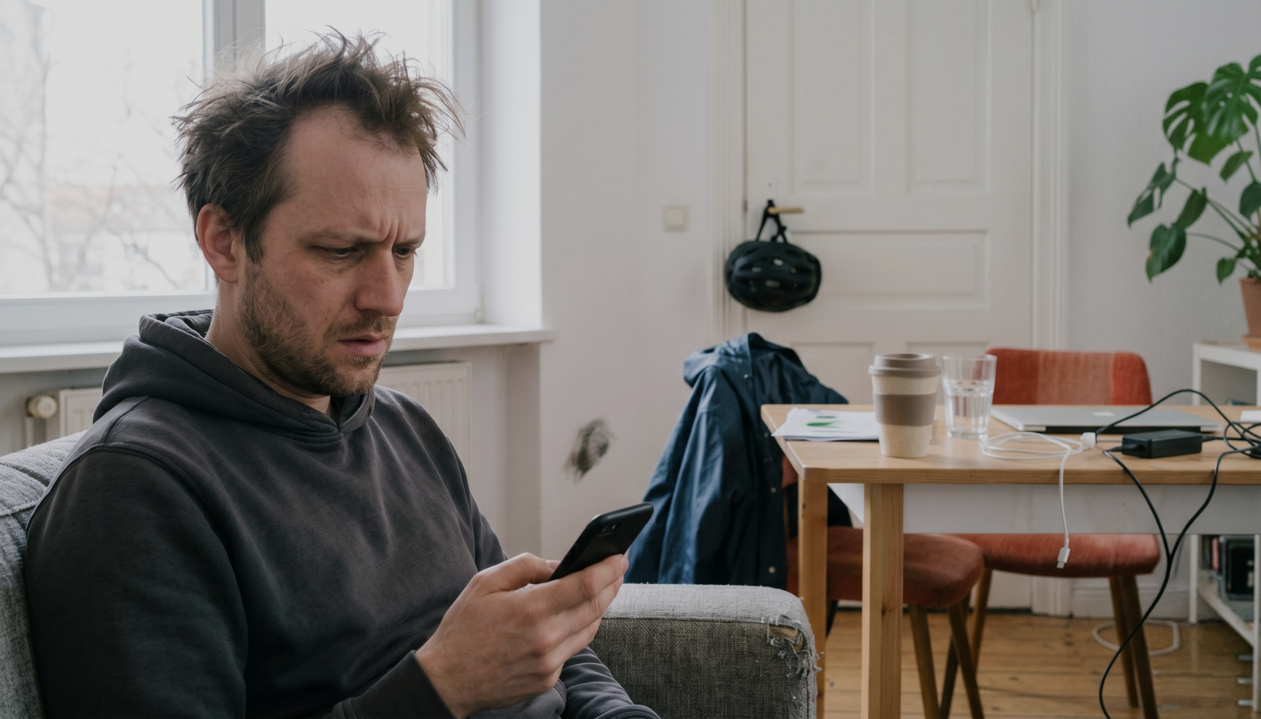 Junger Mann sitzt auf einer Couch im Wohnzimmer und schaut auf sein Smartphone.