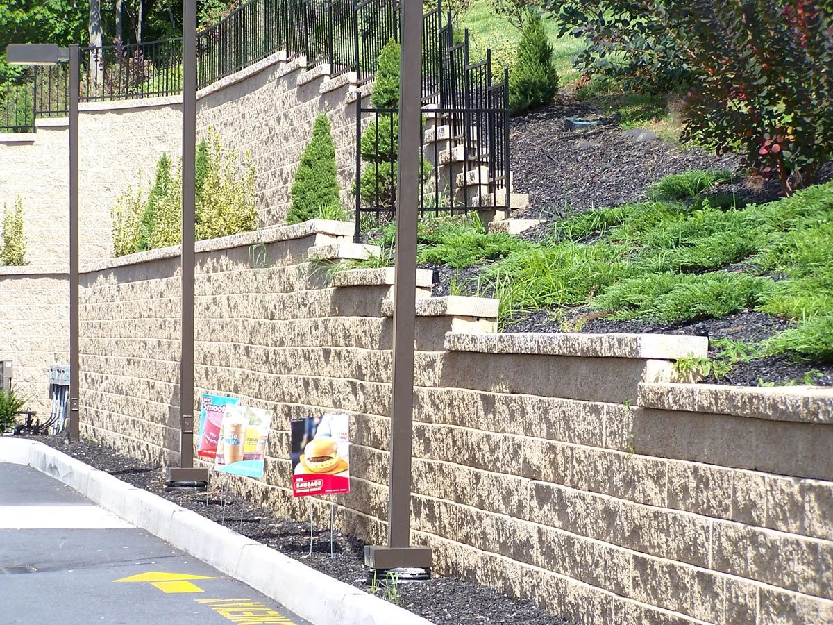 A brick retaining wall with metal fencing on top, hosting small green plants and shrubs, with a staircase leading up to the hillside in the background. There are two signs on the ground near the sidewalk, one advertising snacks and the other promoting frozen treats.