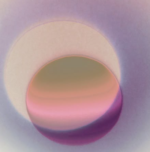 Abstract art featuring two overlapping circles with pastel colors, one in shades of pink, purple, and green, and the other larger circle in soft beige and lavender tones.