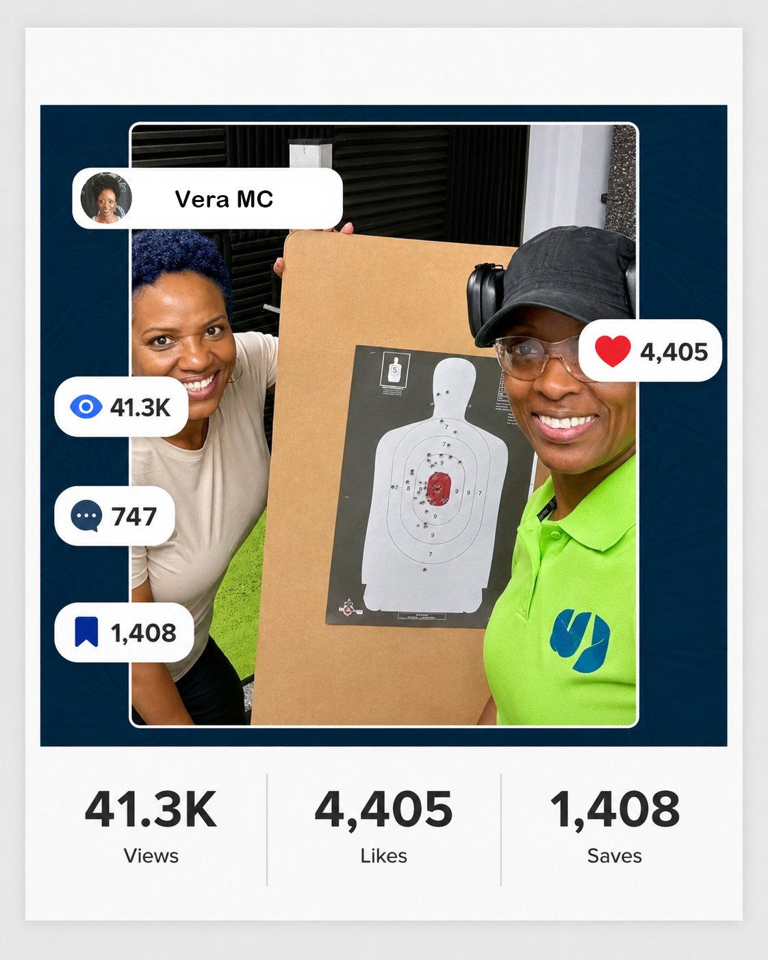Two women, one wearing a beige shirt and the other in a neon green shirt with a hat and glasses, smiling and holding a target shooting sheet at a shooting range. The image appears within a social media post showing engagement metrics like views, likes, and saves.