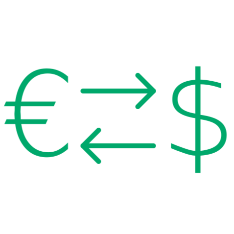 Graphic showing currency exchange between euros and dollars with arrows.