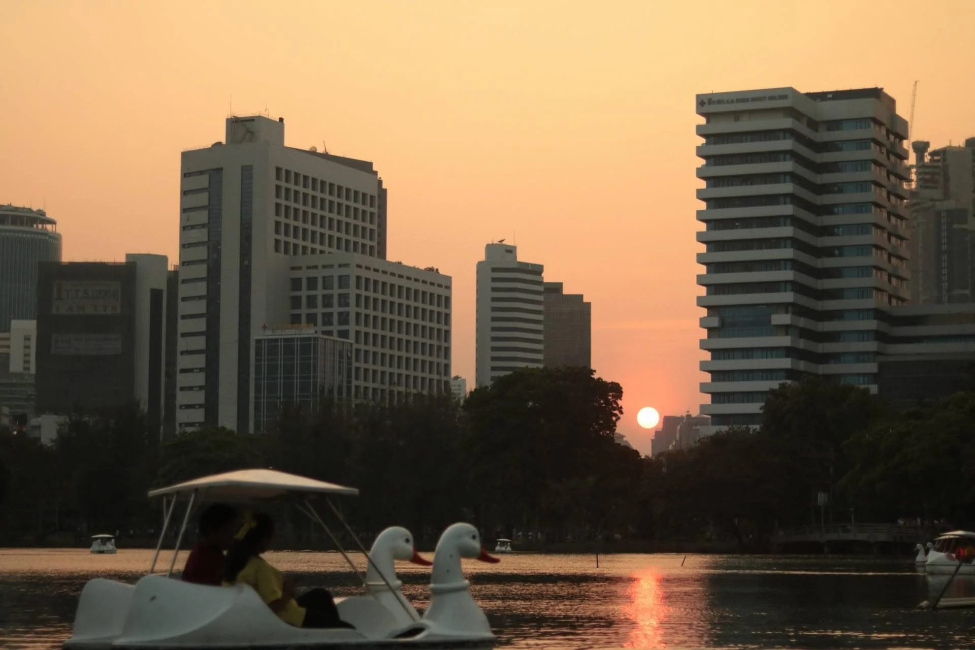 Sunset in Bangkok setting above a small park pond filled with duck-shaped paddleboats