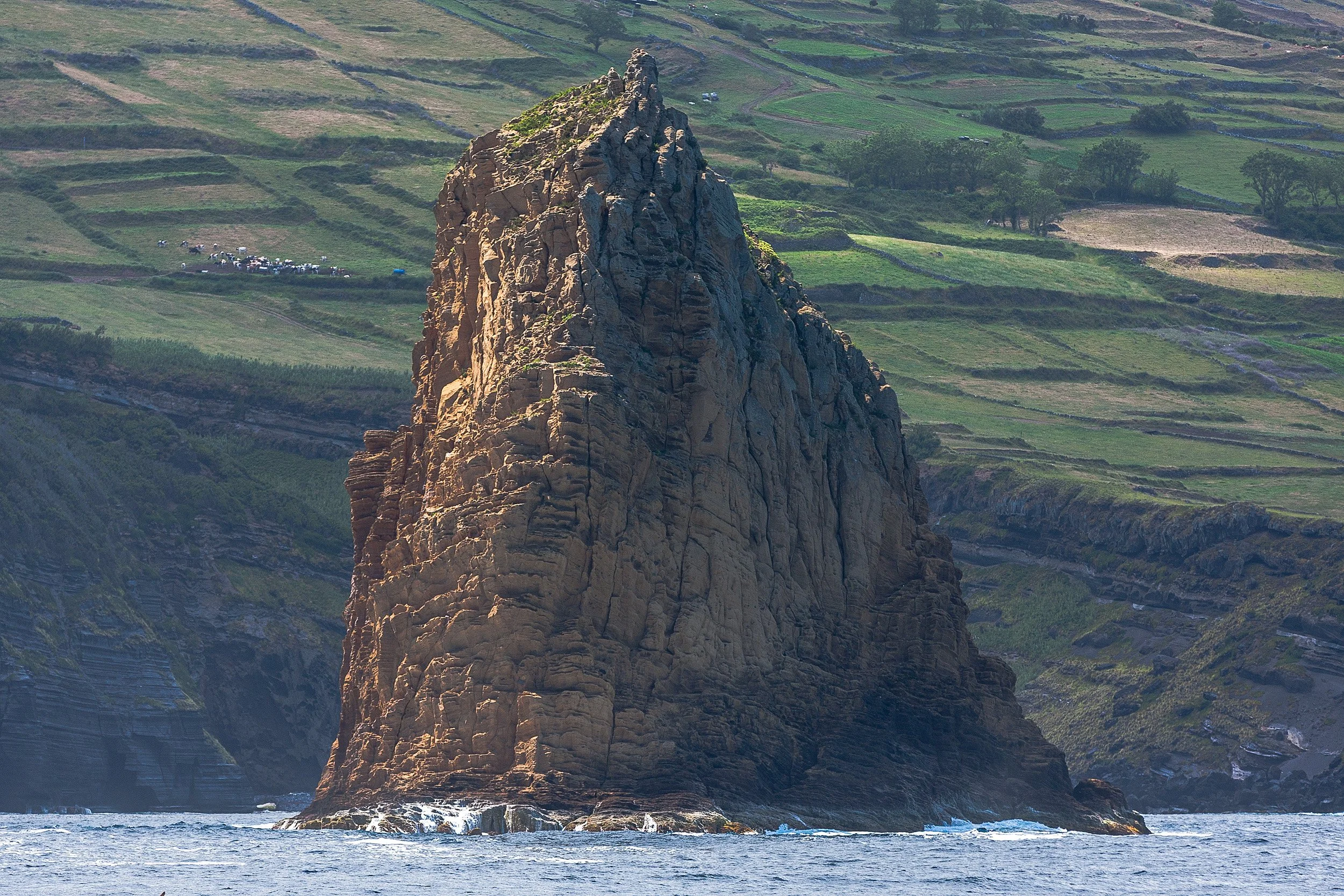 A large rocky sea stack rises from the ocean with steep, rugged sides, surrounded by water. In the background, there are green terraced hills and farmland.