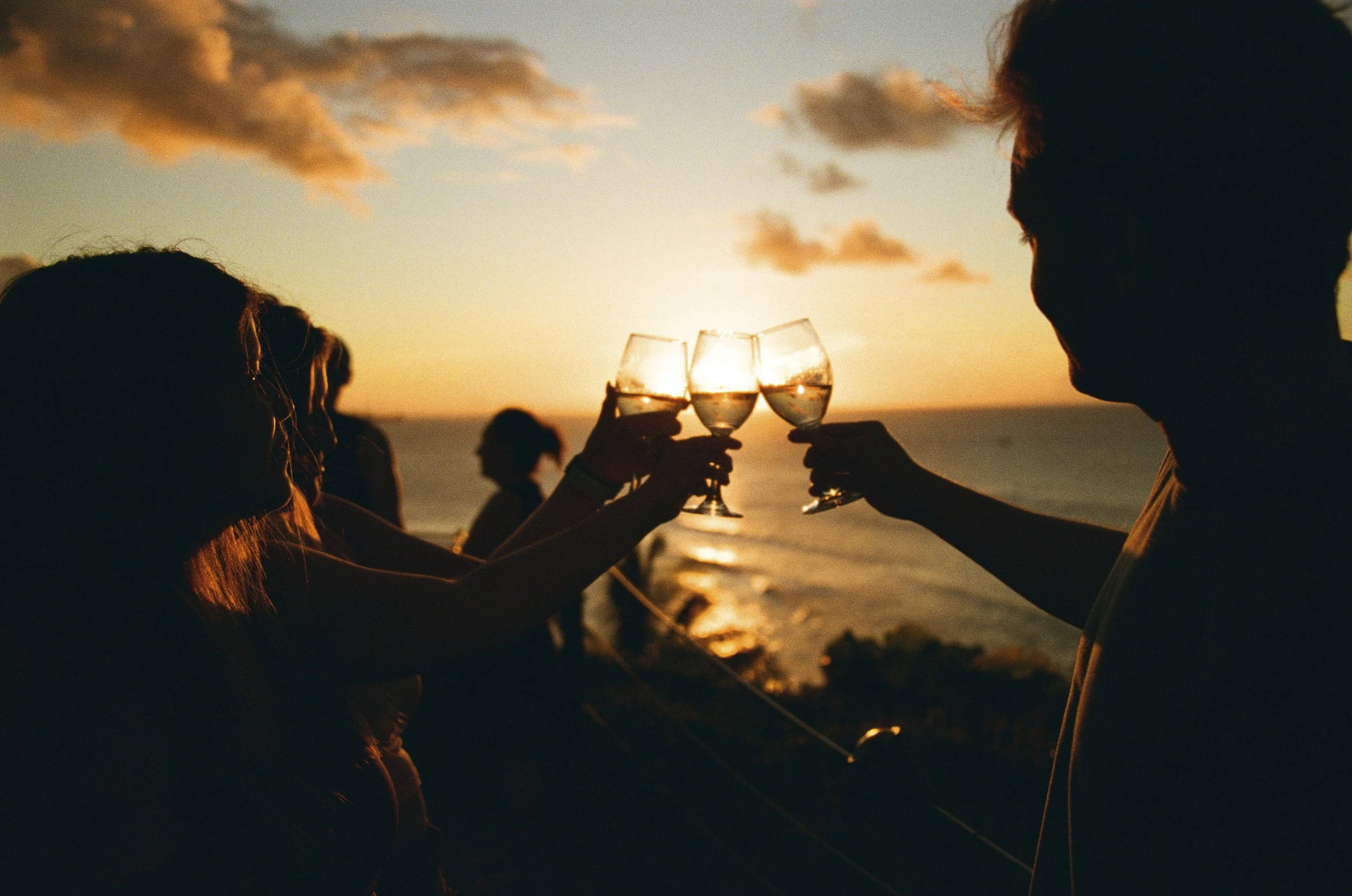 People raising wine glasses during sunset on the beach.