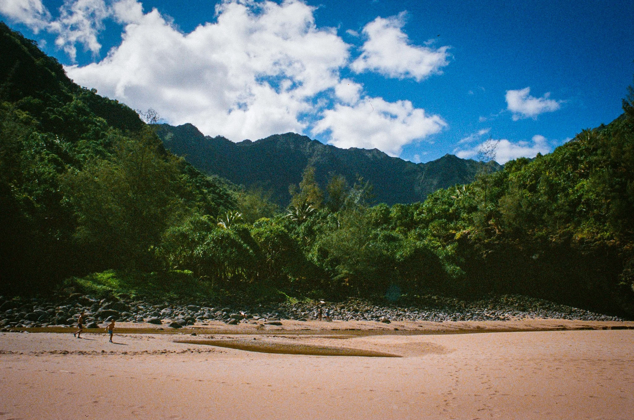 Beach with two people walking on the sand in the foreground, dense green forest on mountains in the background, and blue sky with white clouds.