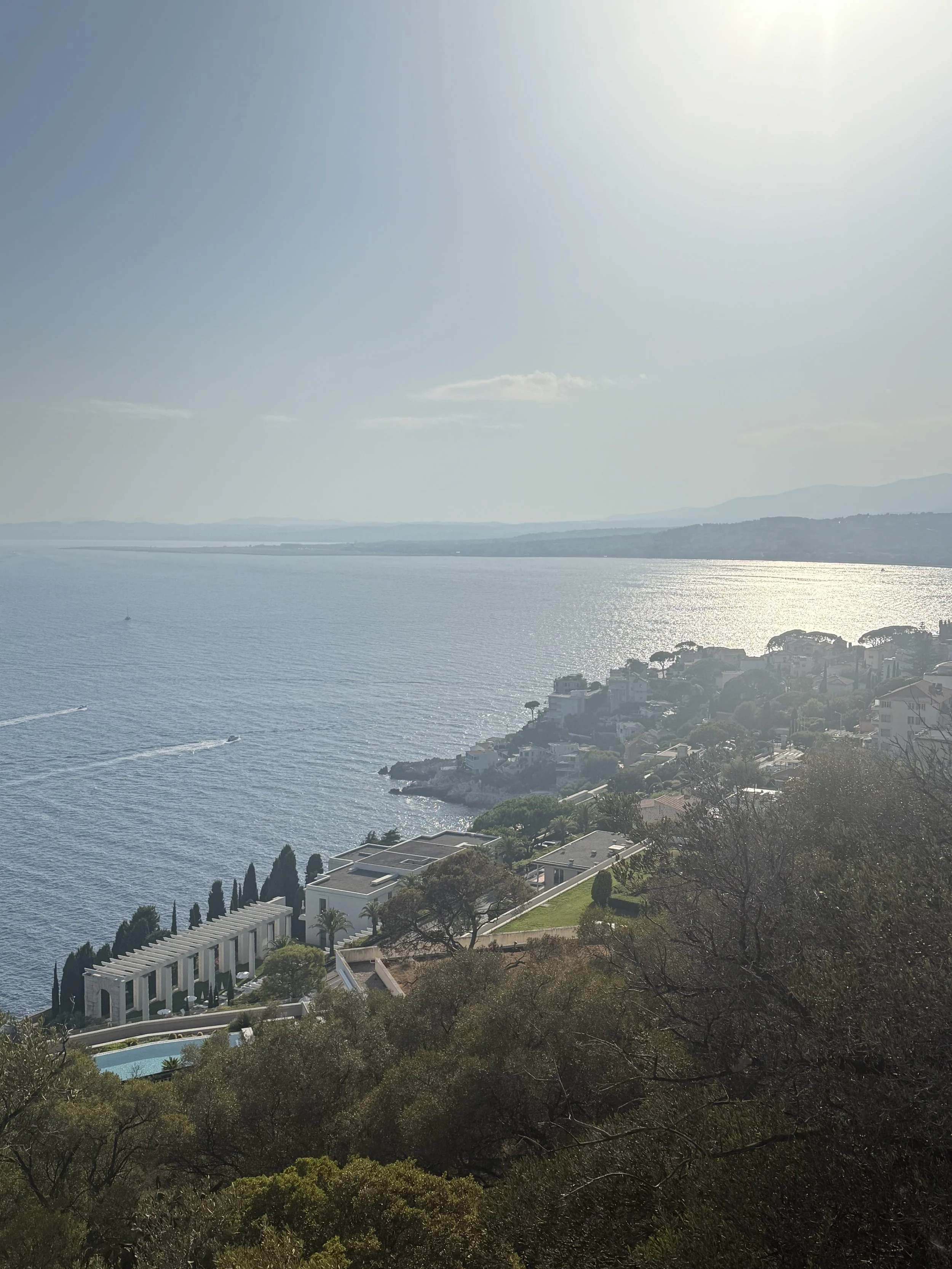 A scenic coastal view with a large body of water, distant mountains, a coastline with residential houses, and lush greenery in the foreground.