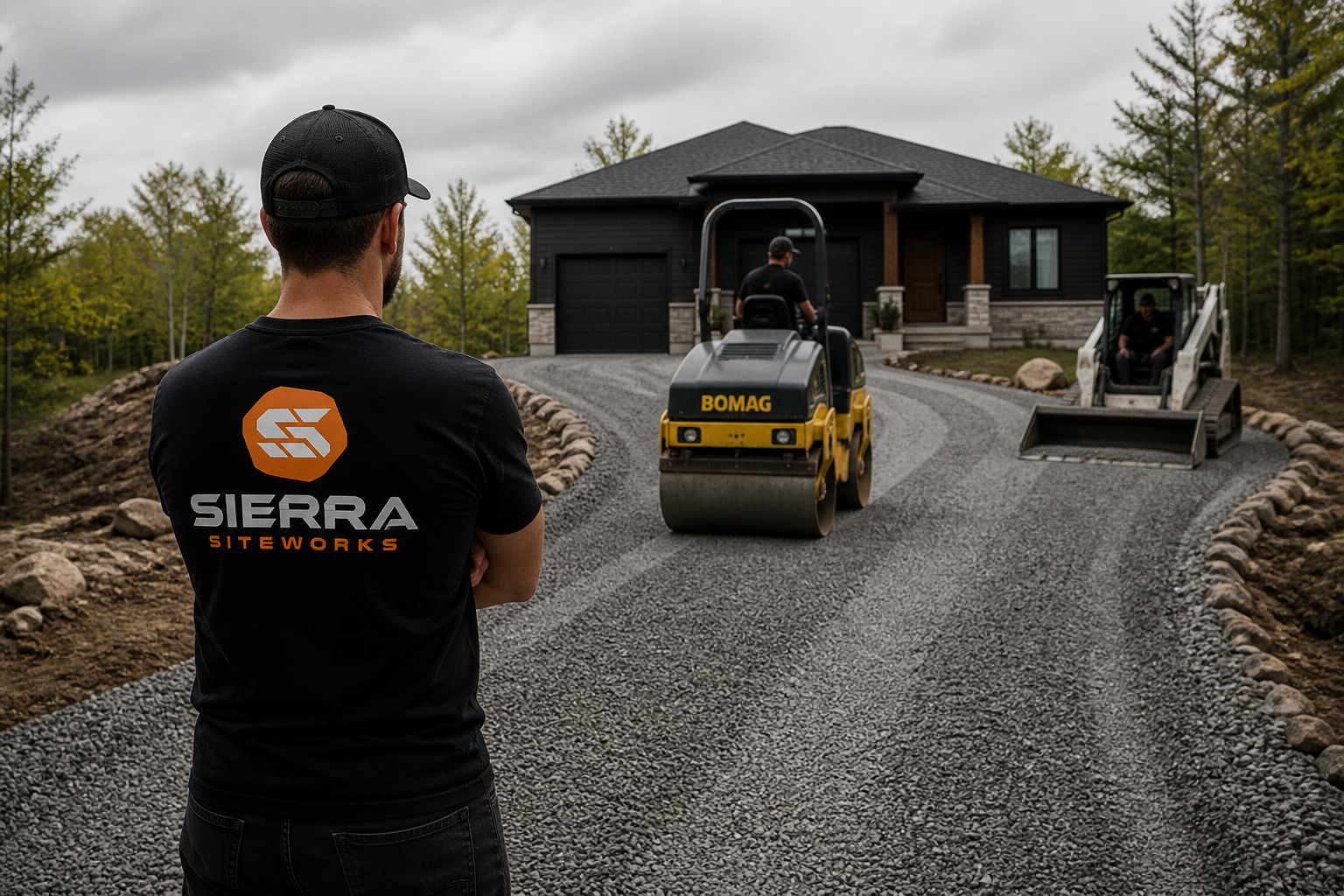 A worker with 'SIERRA SITEWORKS' on his shirt observes road construction in front of a house, with a BOMAG compact roller and a skid-steer loader working on a gravel driveway.