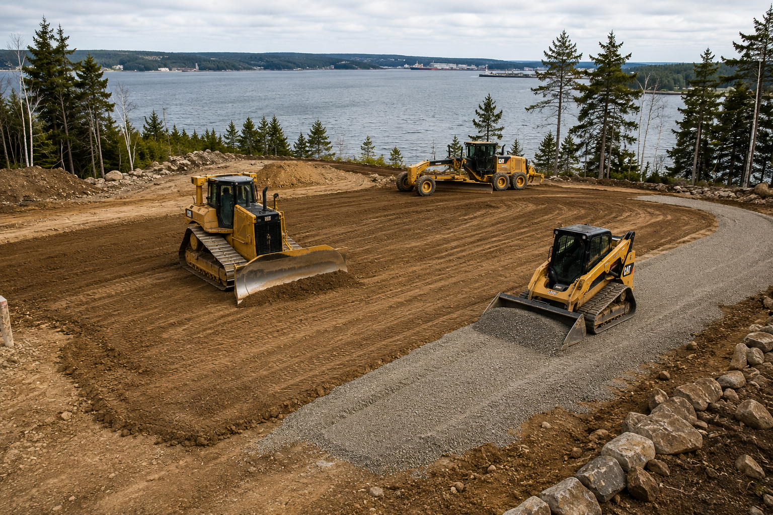Construction site with three bulldozers grading and leveling dirt, overlooking a body of water with trees and a distant shoreline.