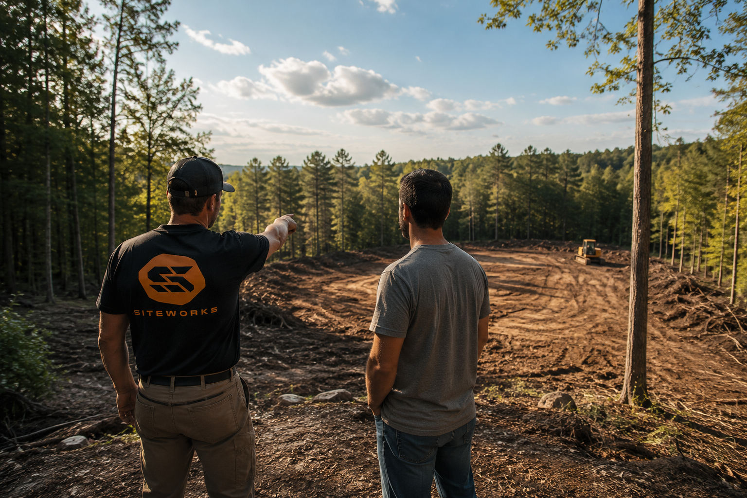 Two men stand on a dirt construction site surrounded by a forest, with a small bulldozer in the background. One man points towards the site, while the other looks on. The man on the left wears a black cap and a black shirt with an orange logo that reads 'SITEWORKS'.