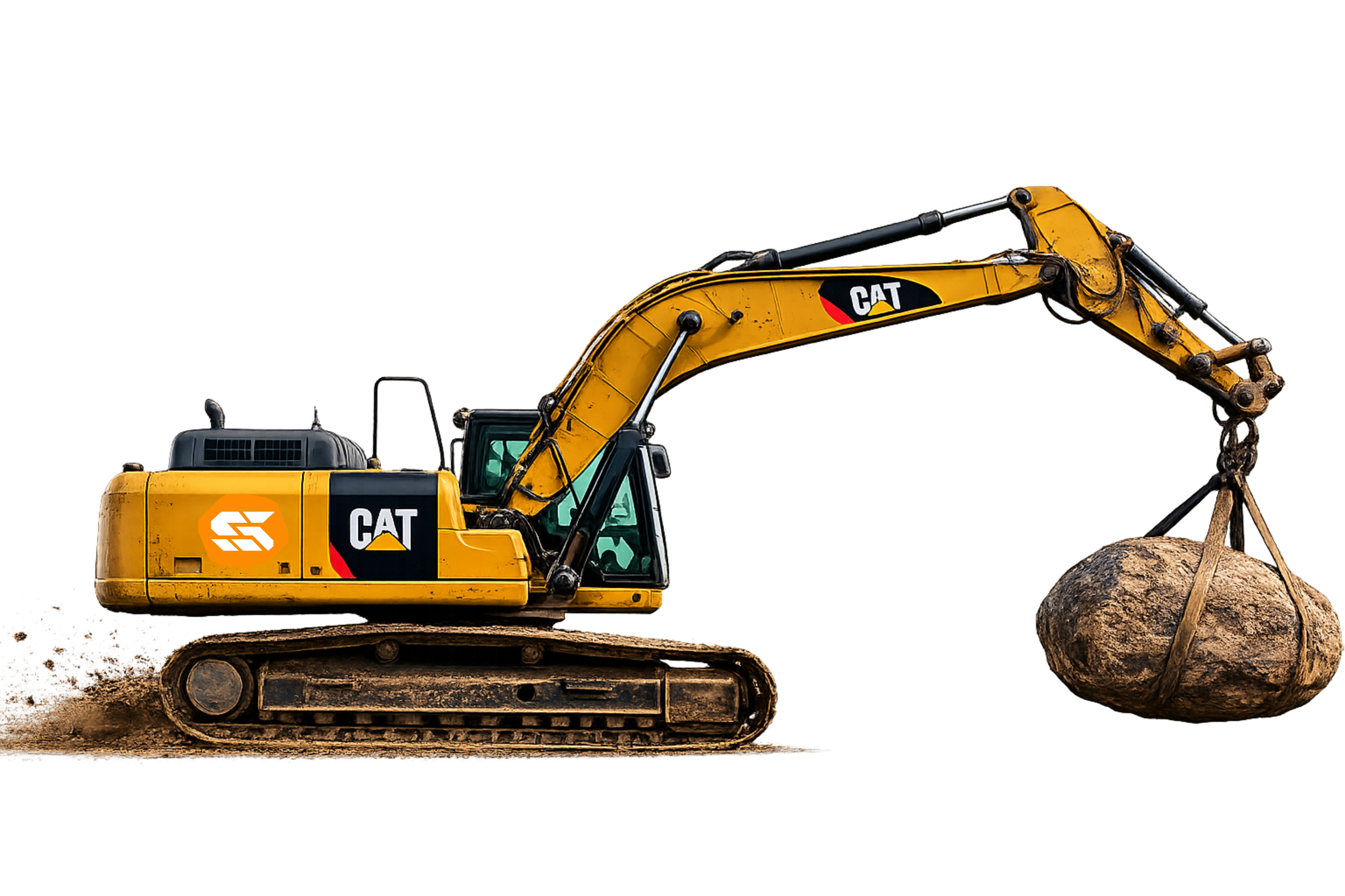 A yellow Caterpillar excavator digging into the ground with a large rock in its bucket against an orange background.