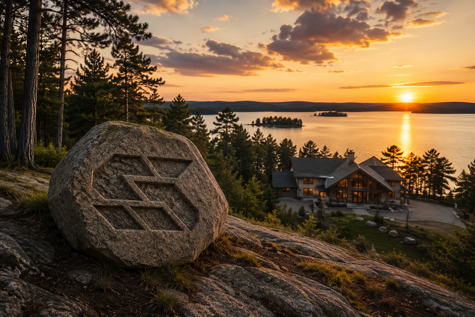 A large stone with the Solana logo carving sits on a rocky hill overlooking a lake at sunset, with a house in the wooded background.