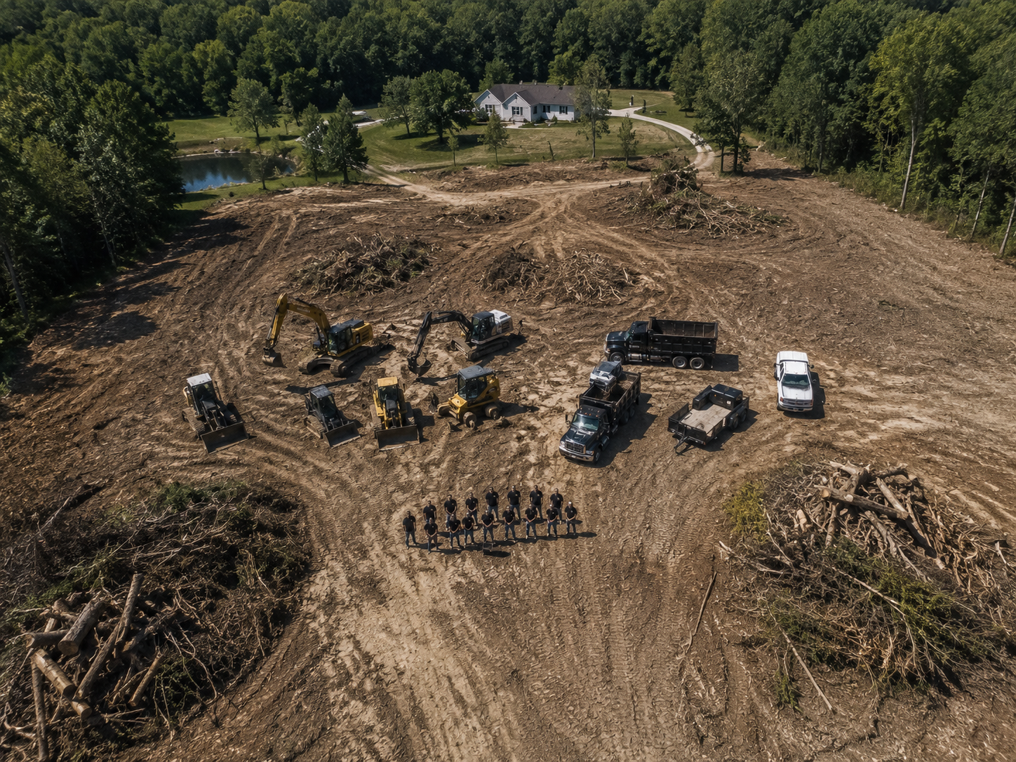 Aerial view of a construction site with multiple excavators, trucks, and construction workers gathering on dirt, next to a wooded area with a house and pond in the background.