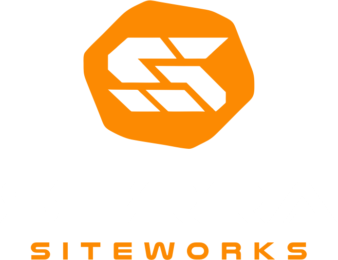 The Sierra Siteworks logo featuring an orange boulder shape with white stylized S's and the text 'SIERRA SITEWORKS' in white and orange.