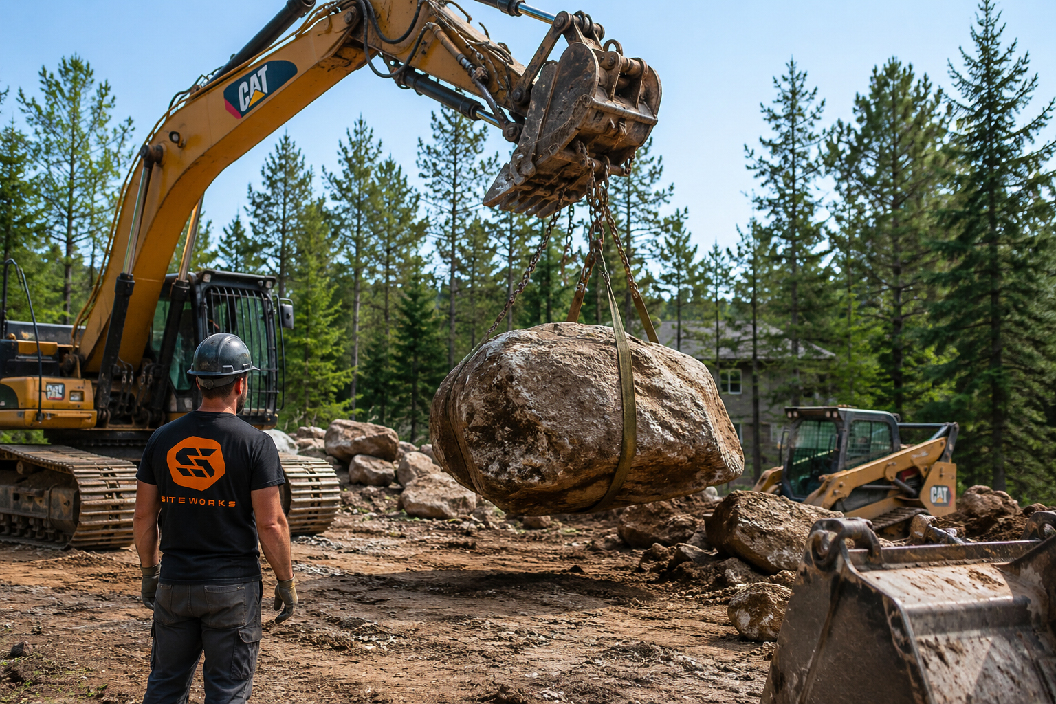 A construction worker standing on dirt ground, observing a large boulder being lifted by a yellow excavator with a black logo, in a forested area with green trees and a house in the background.