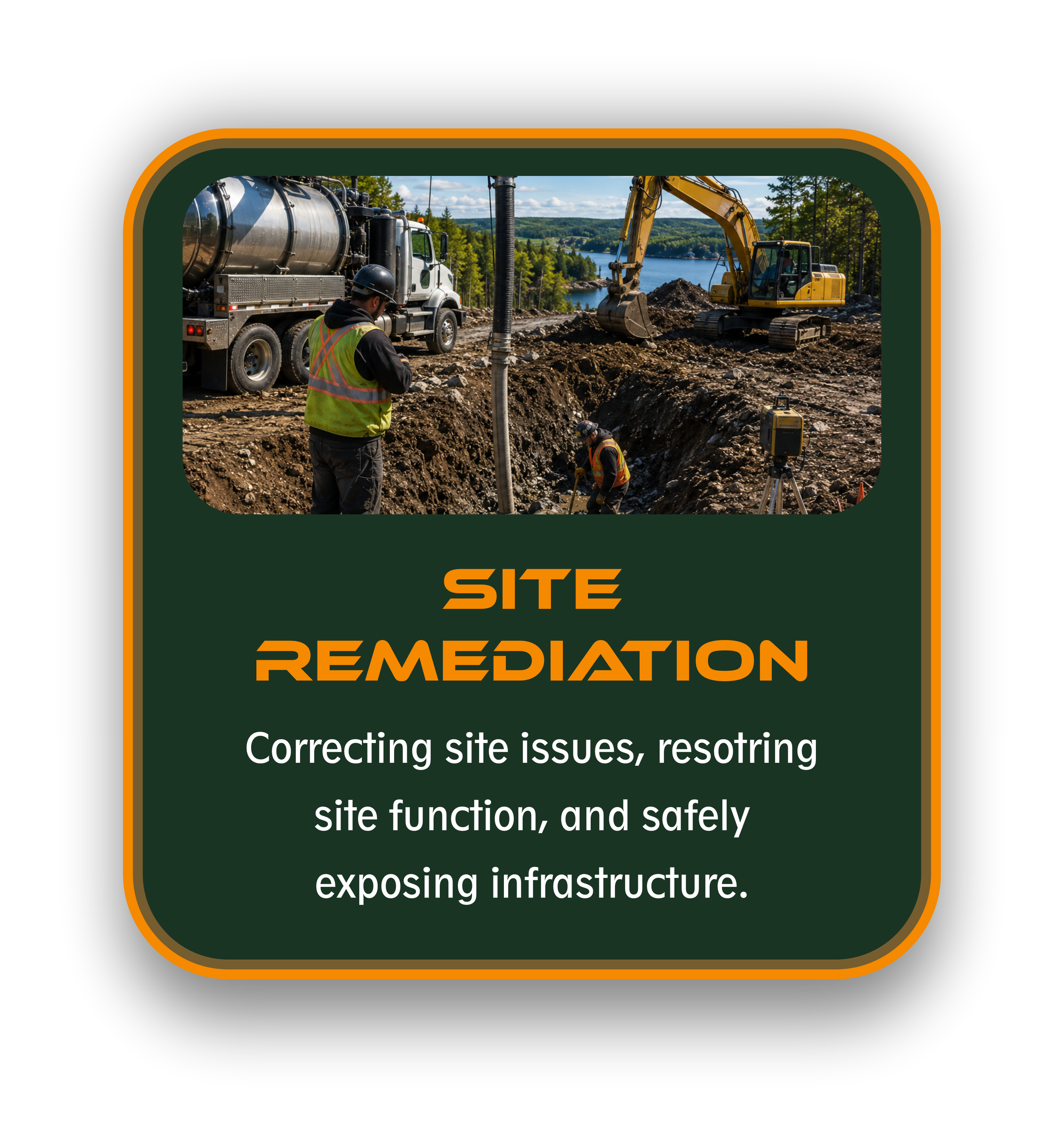 Card reading 'Site Remediation: Correcting site issues, restoring site function, and safely exposing infrastructure' with construction scene in background including workers and heavy machinery.