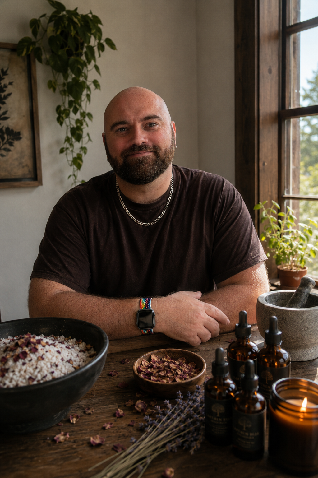 A bald man with a beard, wearing a dark t-shirt, a silver chain, and a smartwatch, is sitting at a wooden table with herbs and essential oils. The setting is bright, with a large window letting in natural light, and indoor plants visible in the background.