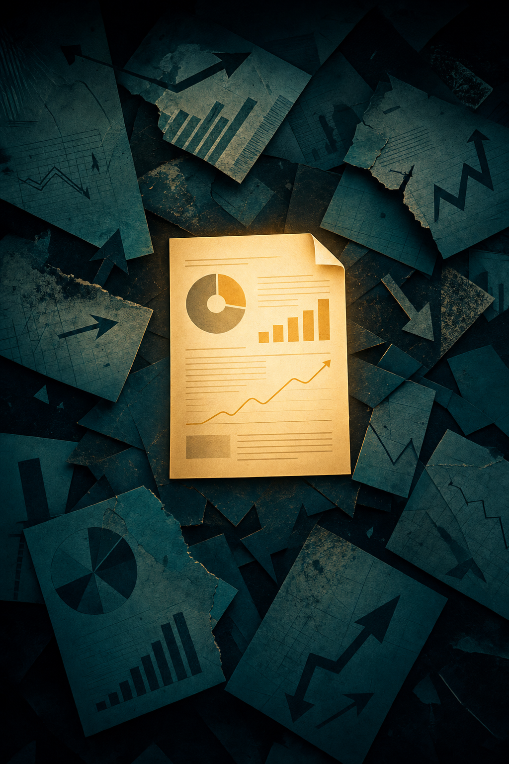 A sheet with various charts and graphs, illuminated amidst torn and overlapping sheets with similar data visuals, in a dark setting.