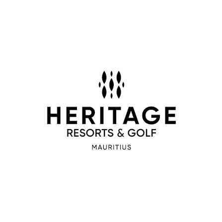 Heritage Resorts & Golf logo with palm tree symbols, located in Mauritius.
