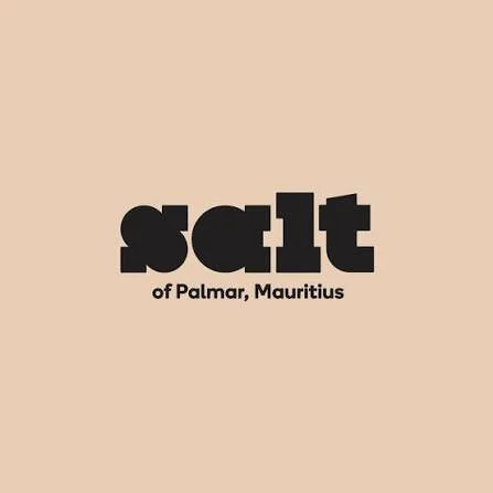 Logo of Salt of Palmar, Mauritius in black text on a beige background.