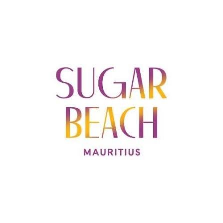 Text that reads 'Sugar Beach Mauritius' in purple and yellow gradient letters on a white background.