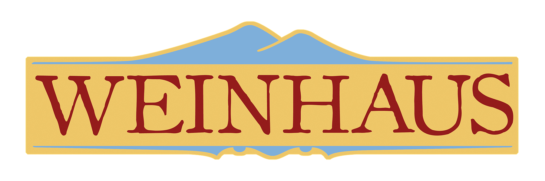 Image of the Wein Haus sign with mountains in the background.