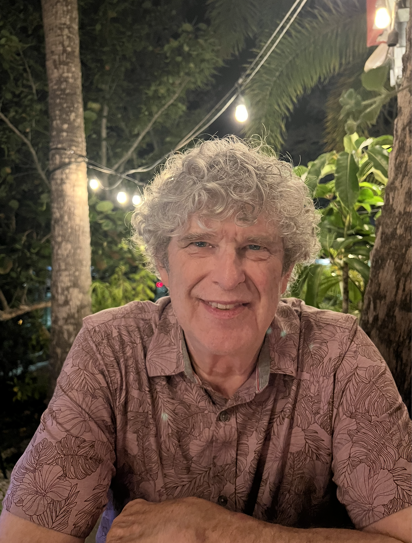 A smiling man with gray curly hair sitting outdoors in a setting with trees and string lights at night.