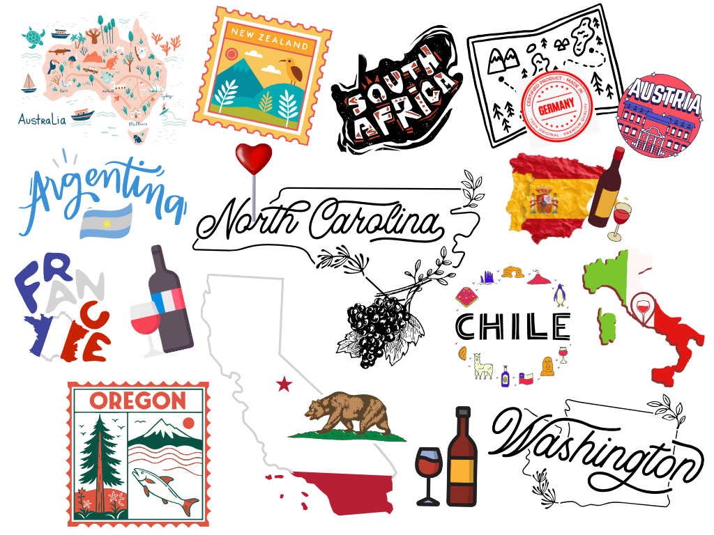 Map illustration featuring North Carolina and surrounding countries with flags, landmarks, products, and symbols representing each country, including wine and landmarks for France and Germany, wine for Austria, Chilean mountains for Chile, a bear for California, wine and grapes for Italy, and various icons for other states and countries.