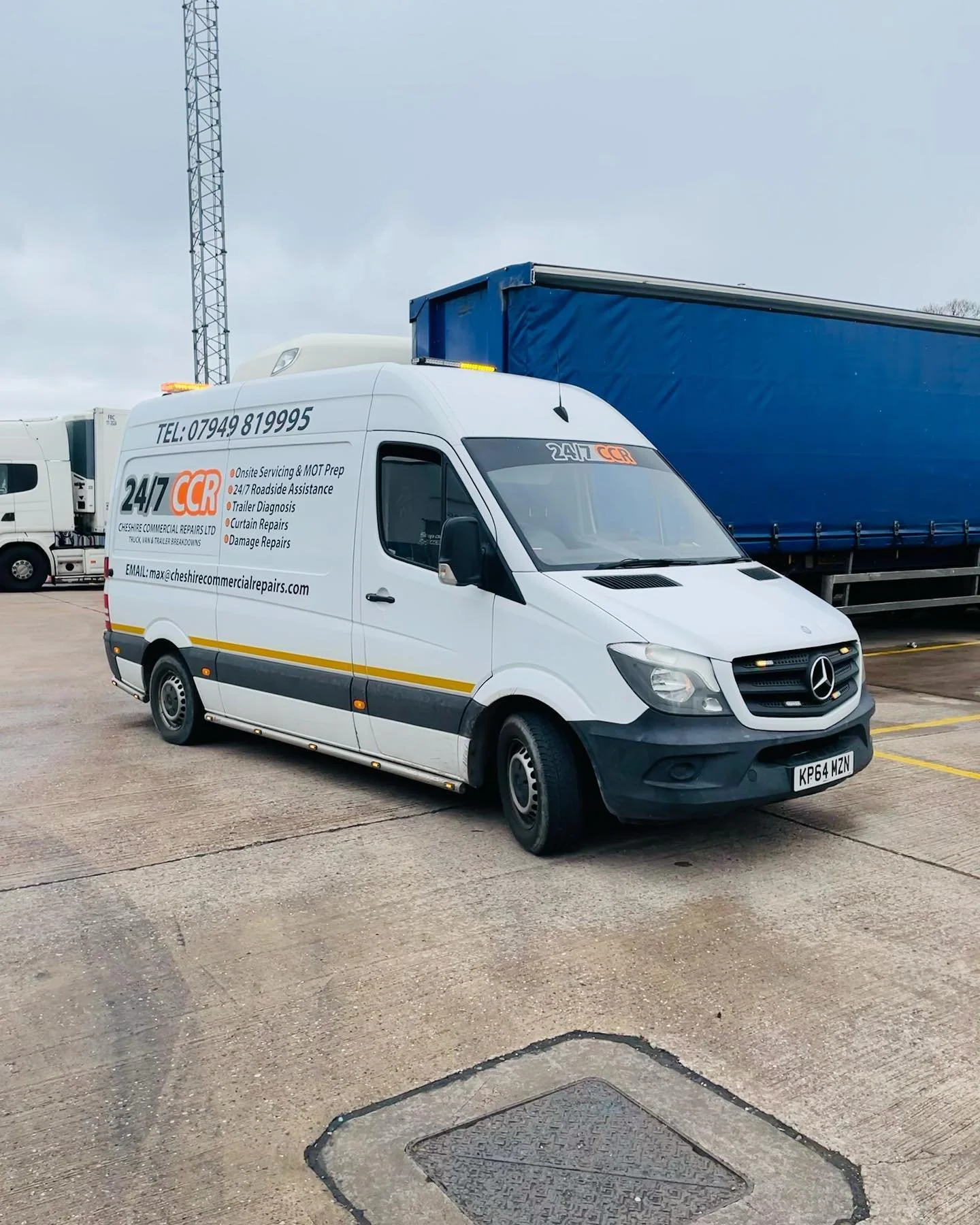 Cheshire Commercial Repairs LTD

&bull; 24/7 commercial breakdown assistance 
&bull; On-site servicing &amp; MOT prep
&bull; Trailer diagnostics 
&bull; Curtain repairs 
&bull; Damage repairs
&bull; Fuel contamination

Call 07949819995 or email max@c