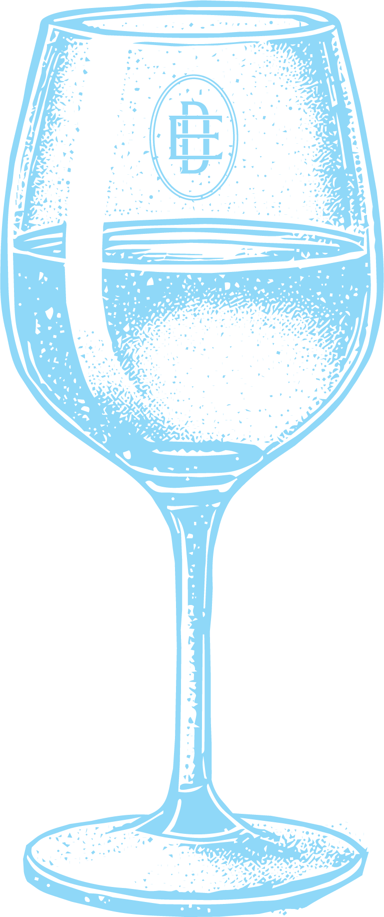 Illustration of a wine glass filled with red wine, featuring a monogrammed logo on the front of the glass.