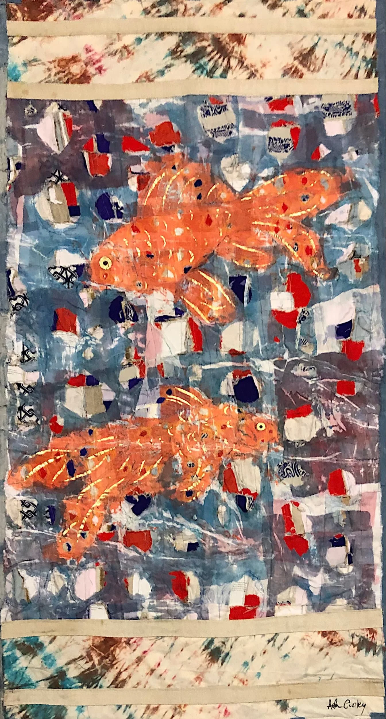 Goldfish Pair, 2021. hand dyed/painted/printed boro textile tapestry, 75 × 41 in.