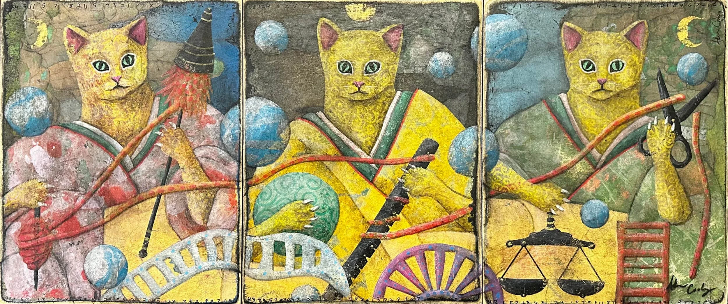 Feline Trifecta (triptych), 2024. acrylic/wax on panel, 14 × 33 in.