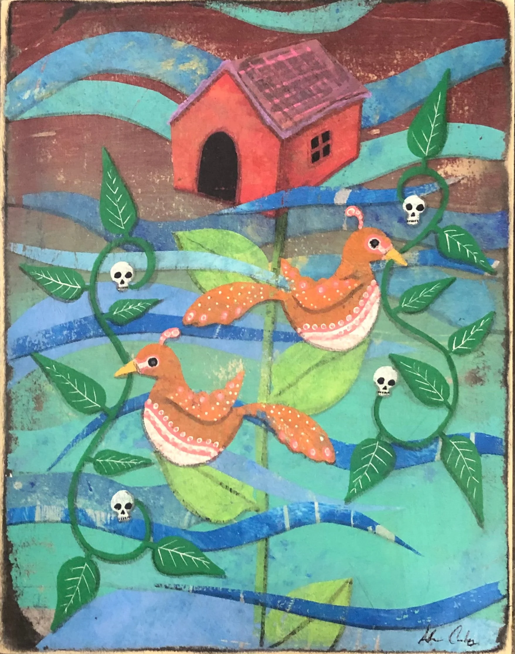 Birds and Vines, 2023. acrylic/wax on panel, 14 × 11 in.