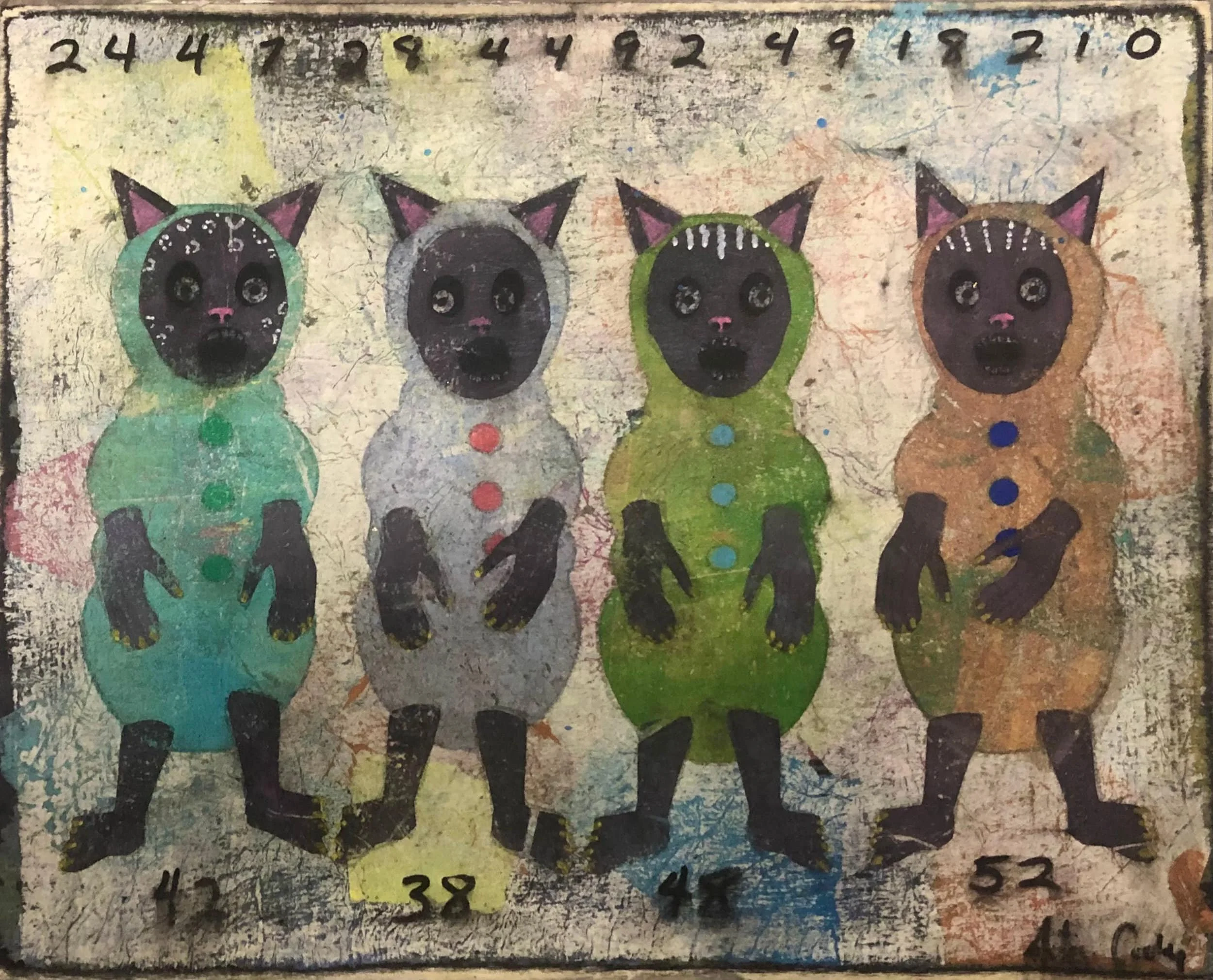 Four Bad Cats, 2022
acrylic/wax on panel, 11 × 14 in.
